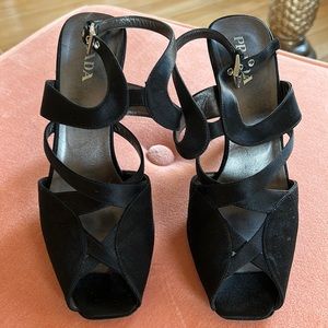 Prada Satin Black Criss Cross Strappy Heels